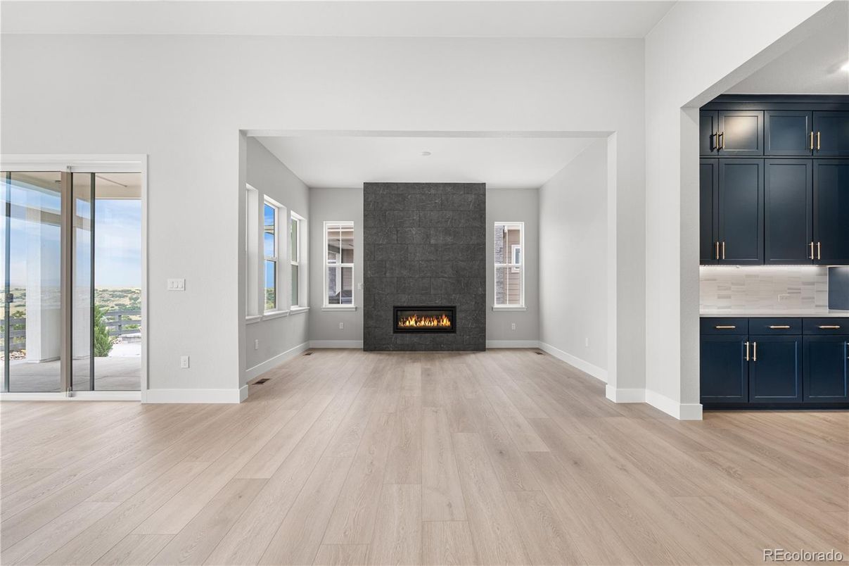 Empty room, Fireplace, Interior, Recessed Lighting, Wood Texture Flooring