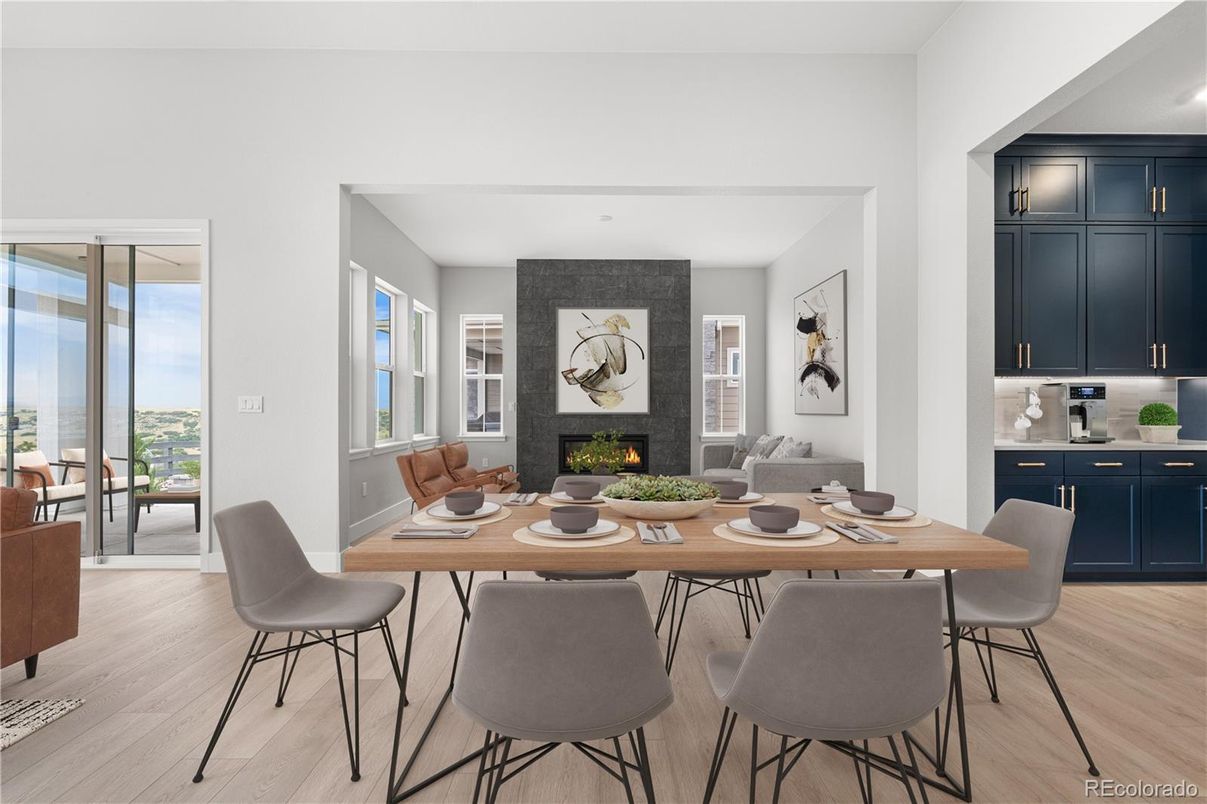 Dining room, Fireplace, Interior, Recessed Lighting, Wood Texture Flooring