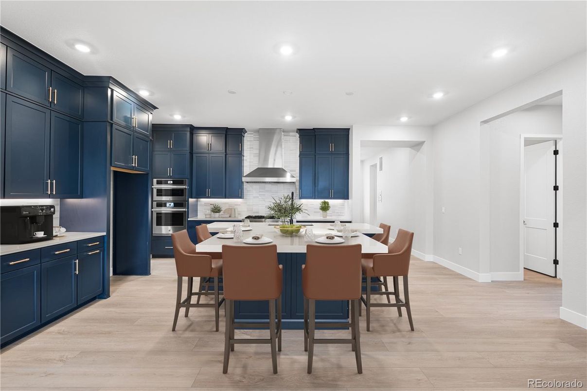 Dining room, Interior, Kitchen, Recessed Lighting, Stainless Steel Appliances, Wood Texture Flooring