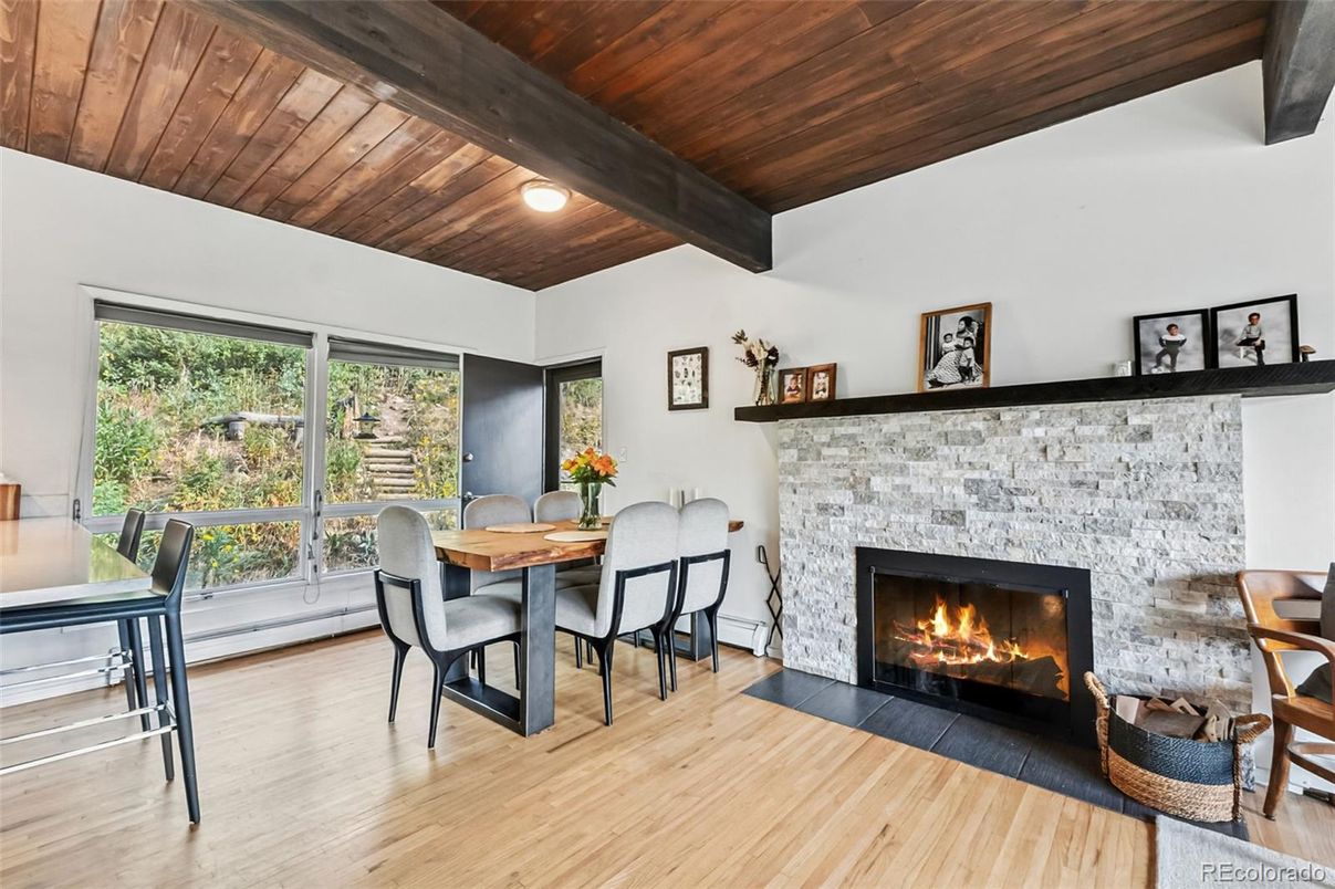 Dining room, Fireplace, Interior, Recessed Lighting, Wooden Beams, Wooden Ceilings, Wood Texture Flooring