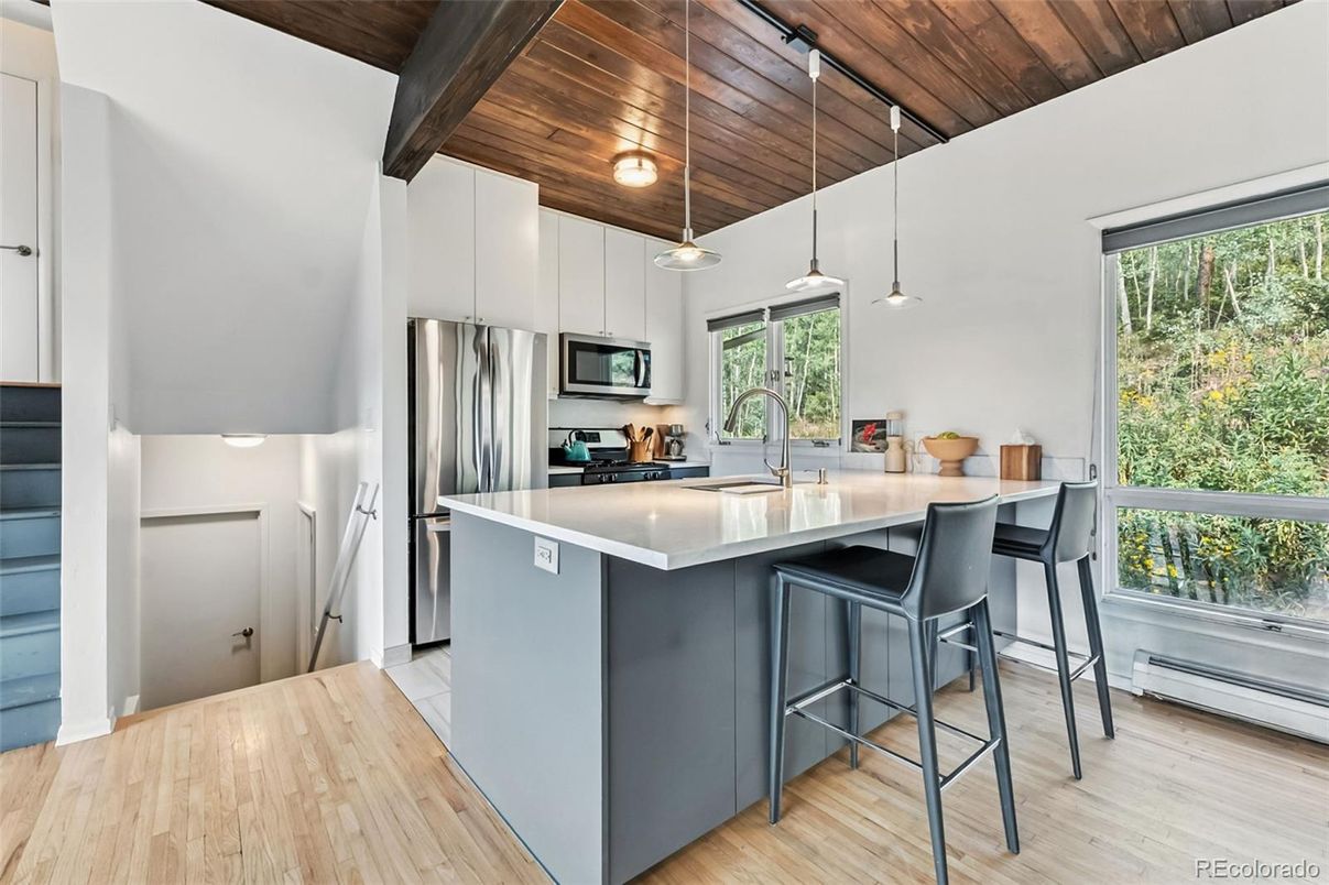 Interior, Kitchen, Pendant Lights, Stainless Steel Appliances, Wooden Beams, Wooden Ceilings, Wood Texture Flooring