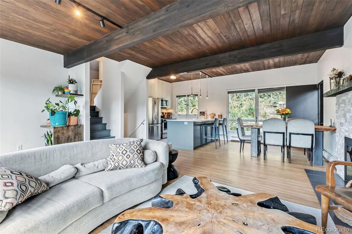 Dining room, Fireplace, Interior, Kitchen, Living room, Pendant Lights, Recessed Lighting, Wooden Beams, Wooden Ceilings, Wood Texture Flooring