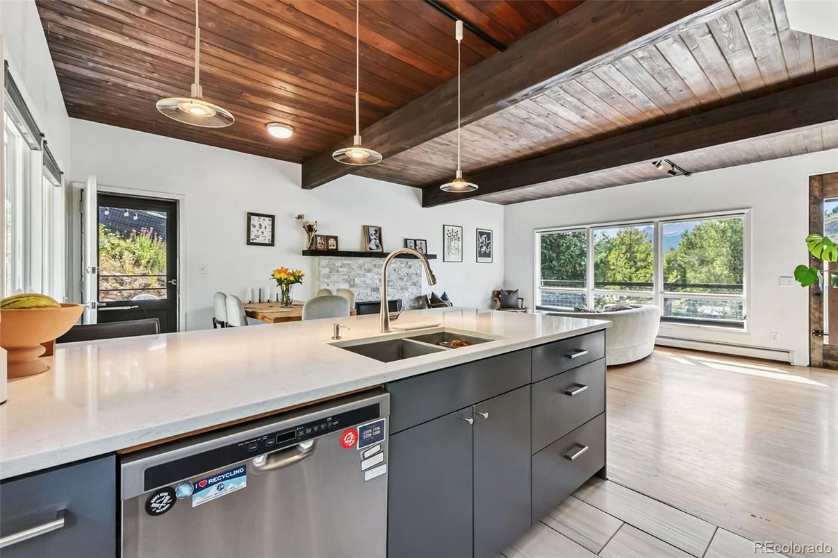 Interior, Kitchen, Pendant Lights, Recessed Lighting, Stainless Steel Appliances, Wooden Beams, Wooden Ceilings, Wood Texture Flooring