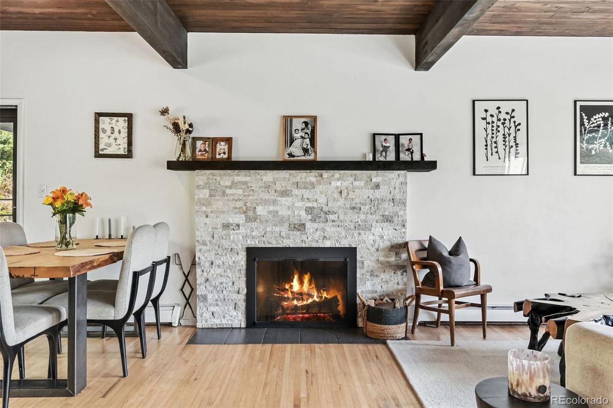 Dining room, Fireplace, Interior, Wooden Beams, Wooden Ceilings, Wood Texture Flooring