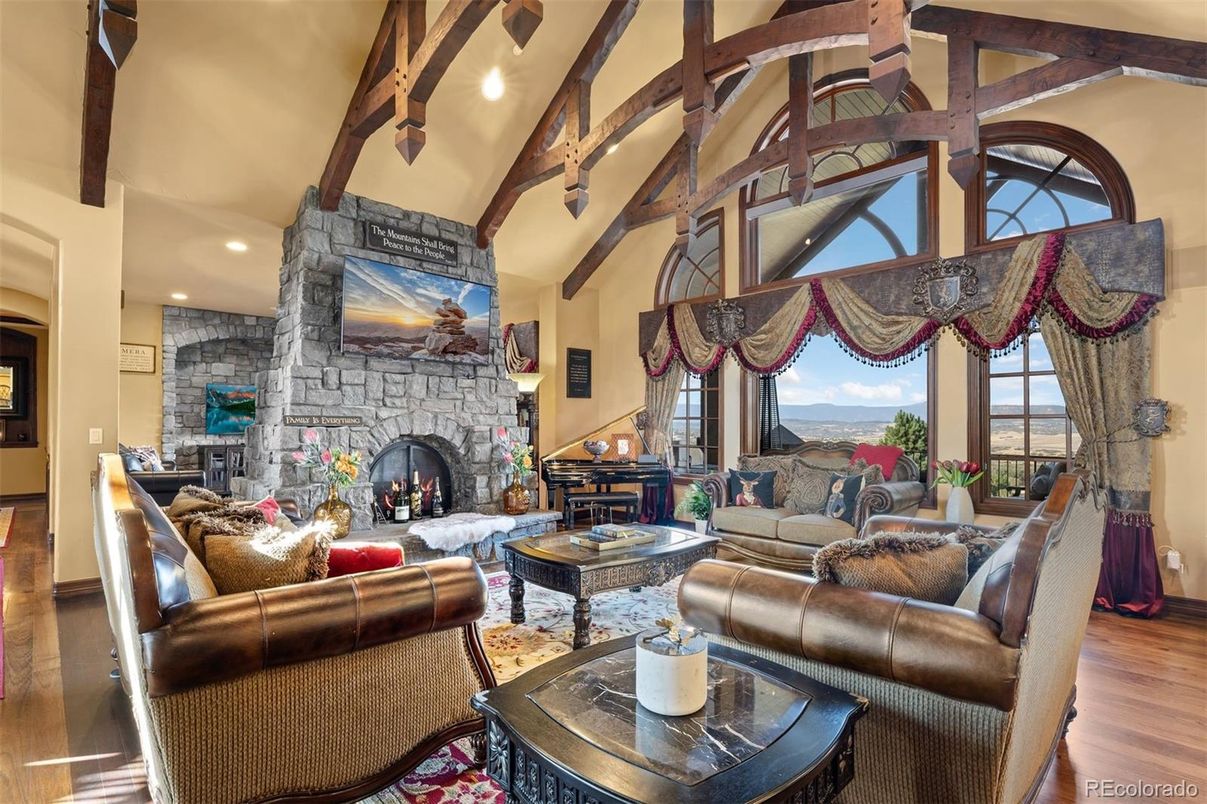 Fireplace, Interior, Living room, Recessed Lighting, Stone Walls, Wooden Beams, Wood Texture Flooring