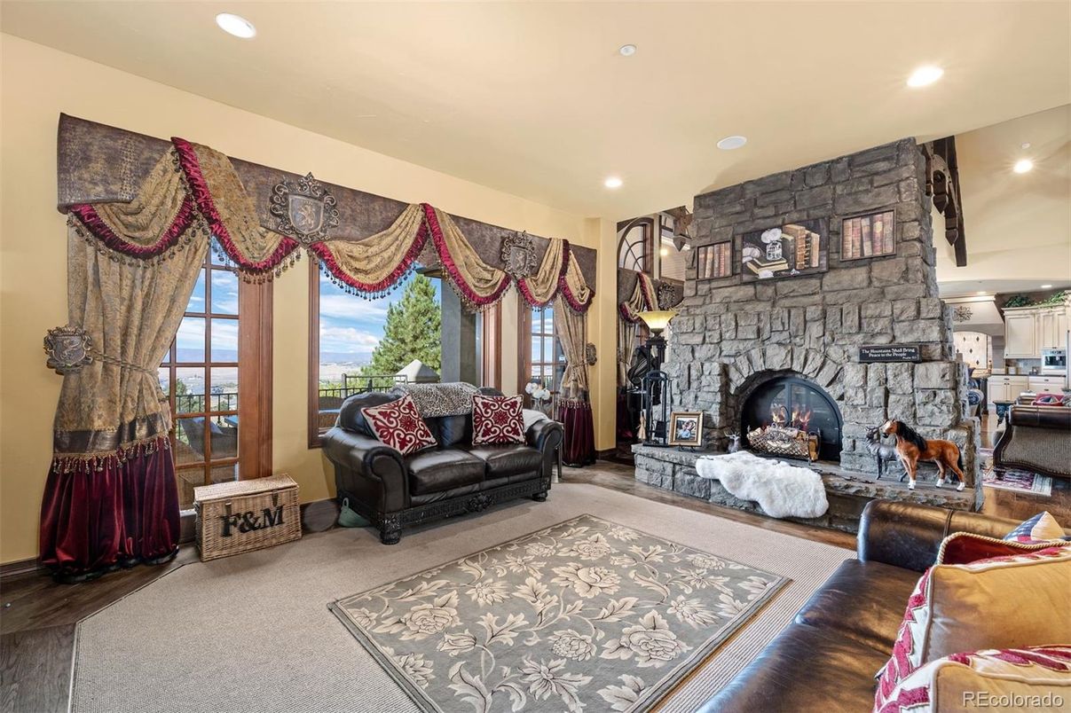 Fireplace, Interior, Living room, Recessed Lighting, Stone Walls