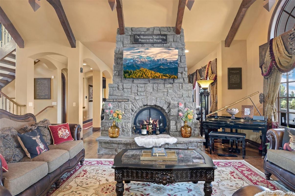 Fireplace, Interior, Living room, Piano, Stone Walls, Wooden Beams, Wood Texture Flooring