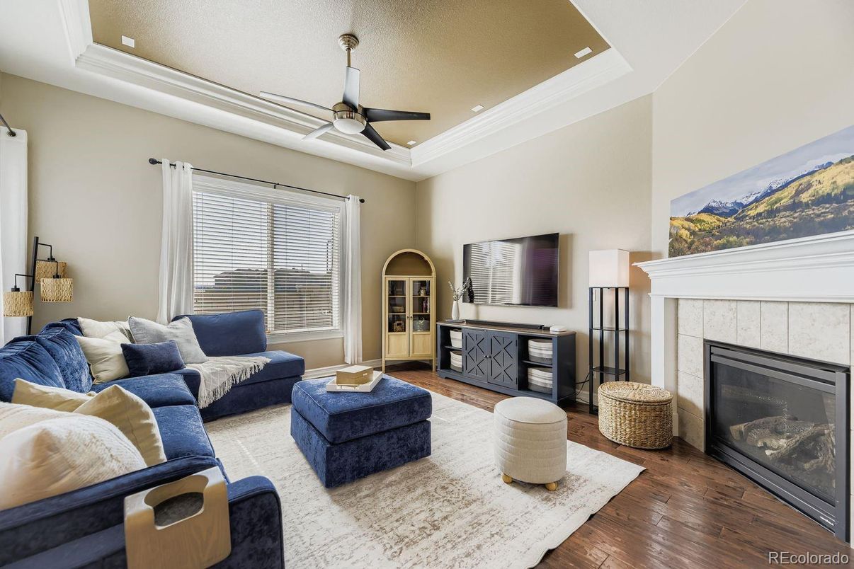 Fireplace, Interior, Living room, Recessed Lighting, Wood Texture Flooring