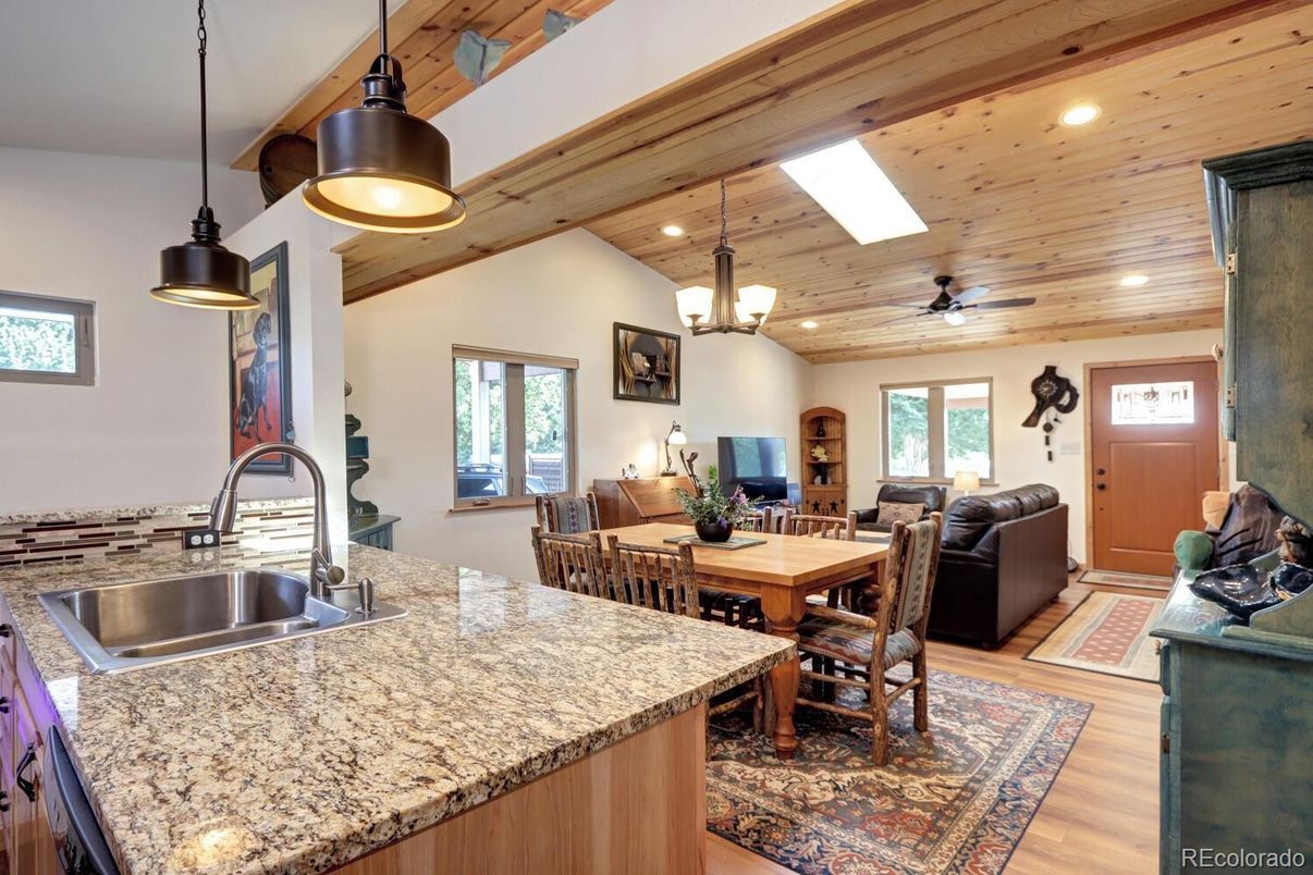 Dining room, Interior, Kitchen, Living room, Pendant Lights, Recessed Lighting, Wooden Beams, Wooden Ceilings, Wood Texture Flooring