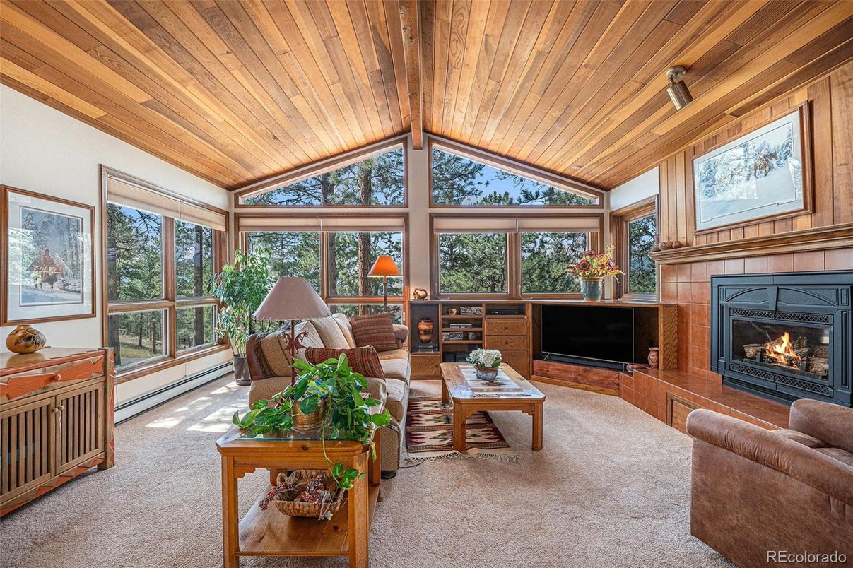 Fireplace, Interior, Living room, Sun Room, Wooden Ceilings