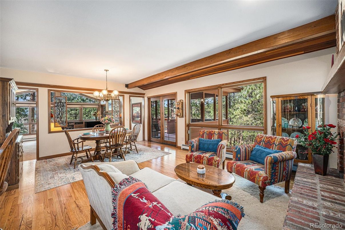 Chandelier, Dining room, Interior, Living room, Wooden Beams, Wood Texture Flooring