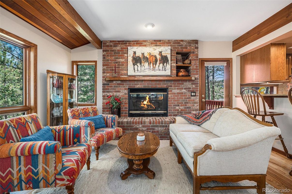 Fireplace, Interior, Living room, Stone Walls, Wooden Beams, Wood Texture Flooring