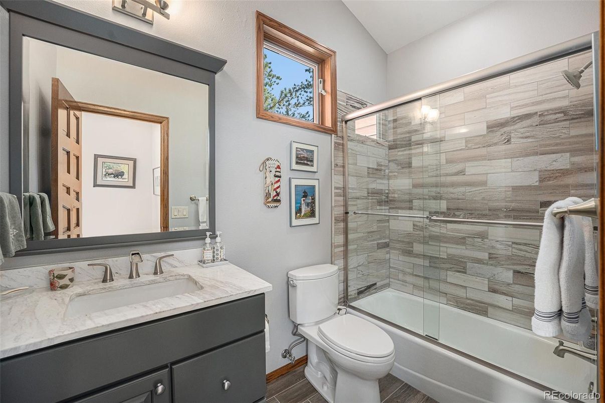 Bathroom, Glass Shower, Interior, Wood Texture Flooring