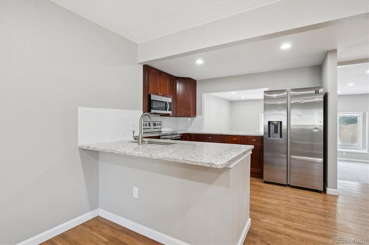 Interior, Kitchen, Recessed Lighting, Stainless Steel Appliances, Wood Texture Flooring