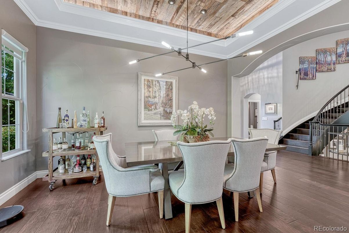 Dining room, Interior, Pendant Lights, Recessed Lighting, Wooden Ceilings, Wood Texture Flooring