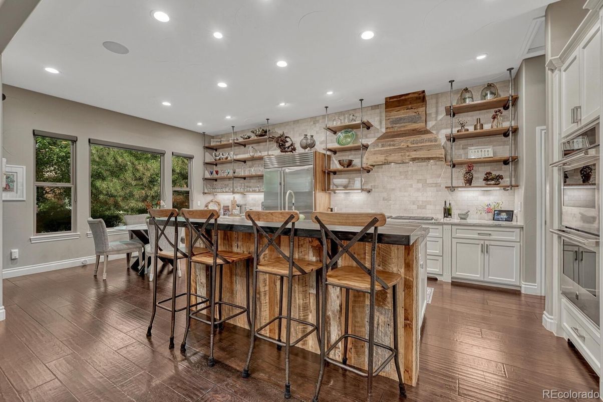 Dining room, Interior, Pendant Lights, Recessed Lighting, Stone Walls, Wood Texture Flooring