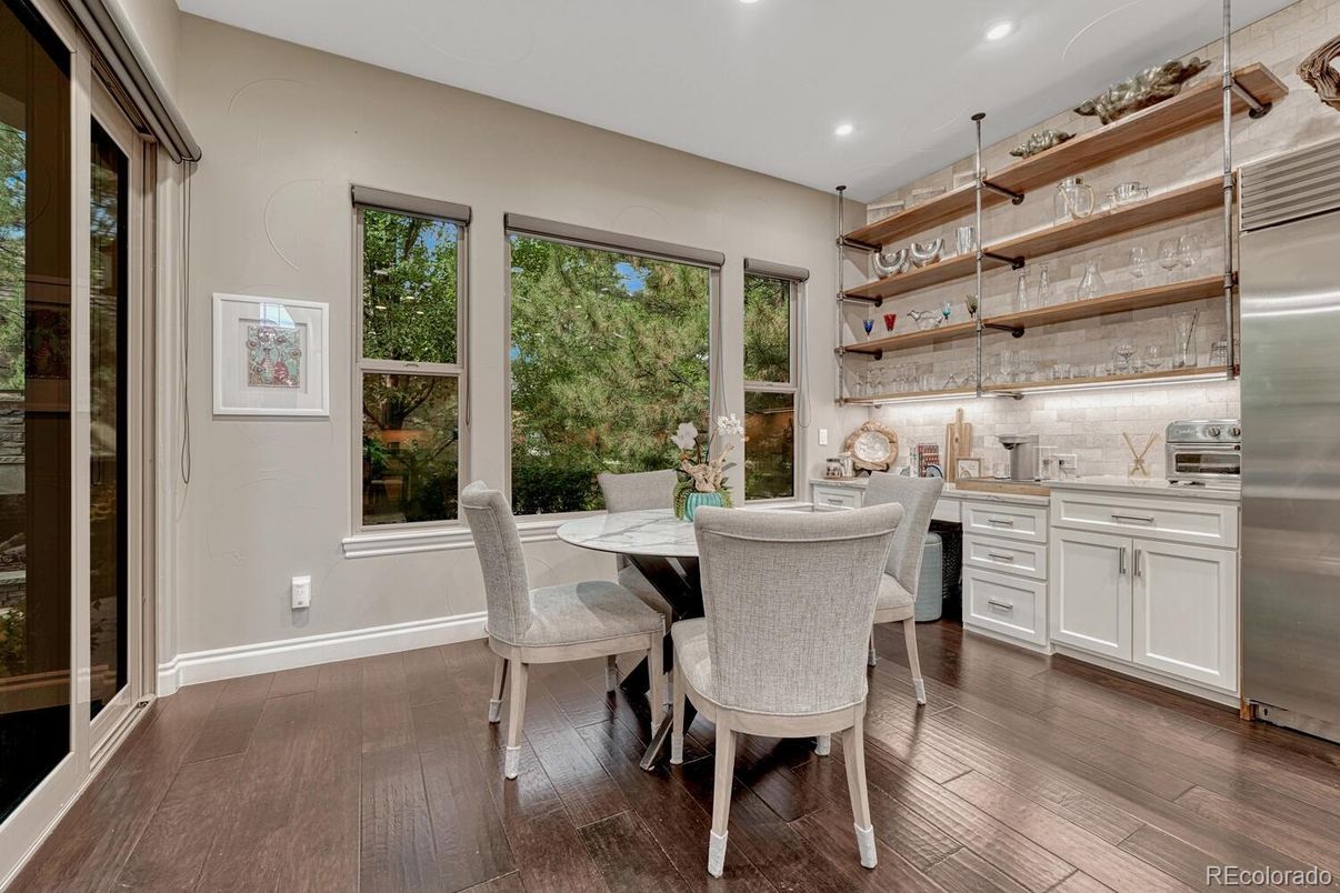 Dining room, Interior, Kitchen, Recessed Lighting, Stainless Steel Appliances, Wood Texture Flooring