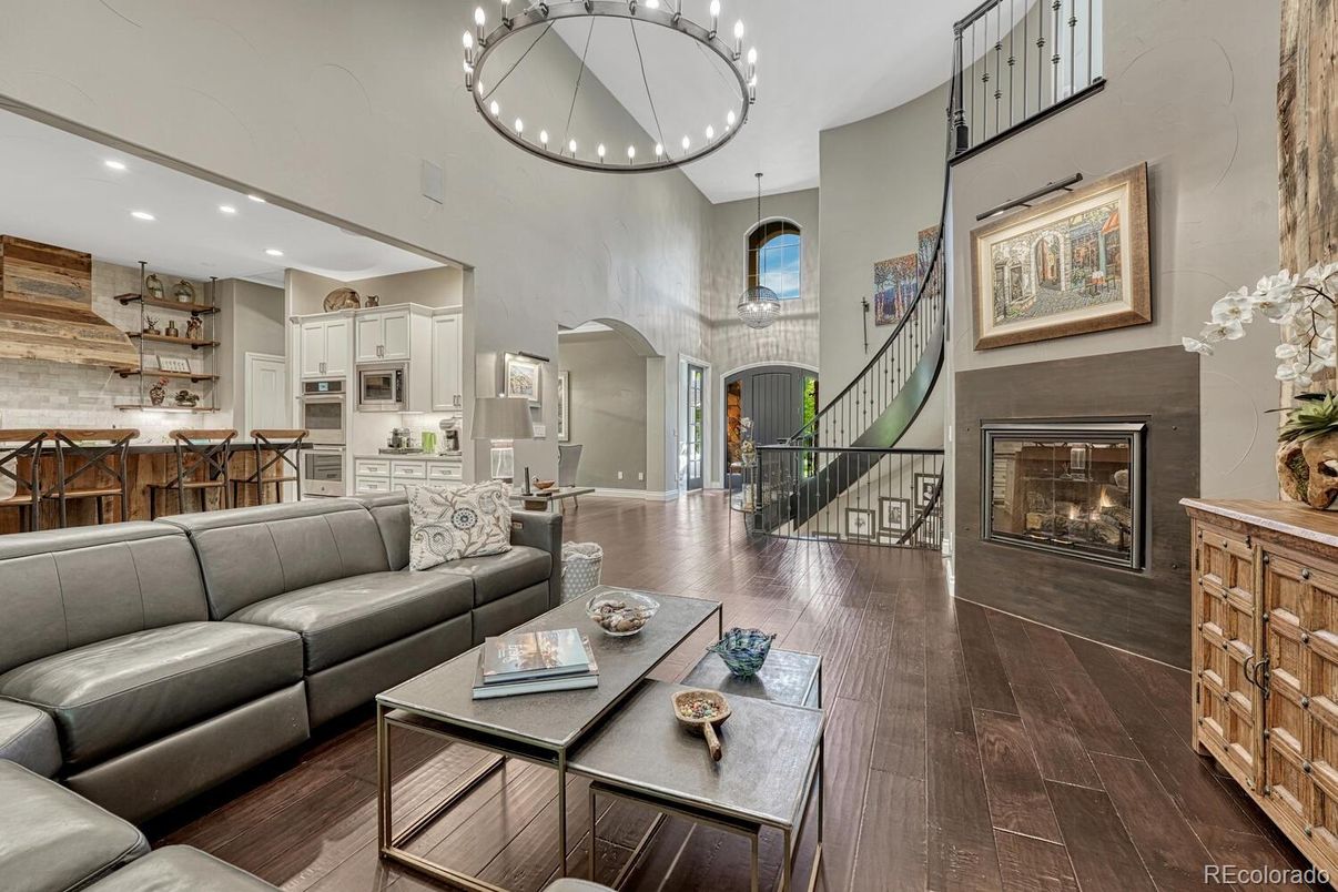 Dining room, Fireplace, Interior, Kitchen, Living room, Pendant Lights, Recessed Lighting, Wood Texture Flooring