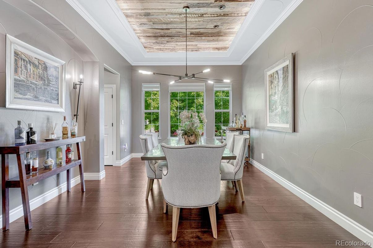 Dining room, Interior, Pendant Lights, Wooden Ceilings, Wood Texture Flooring