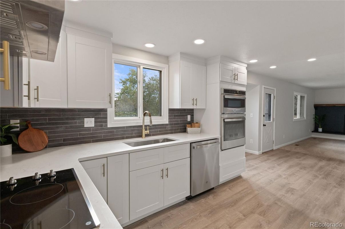 Interior, Kitchen, Recessed Lighting, Stainless Steel Appliances, Wood Texture Flooring