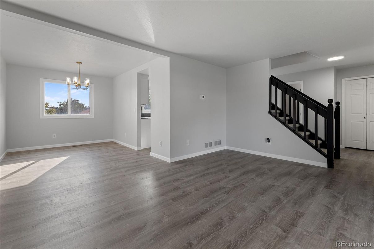 Chandelier, Empty room, Interior, Recessed Lighting, Wood Texture Flooring