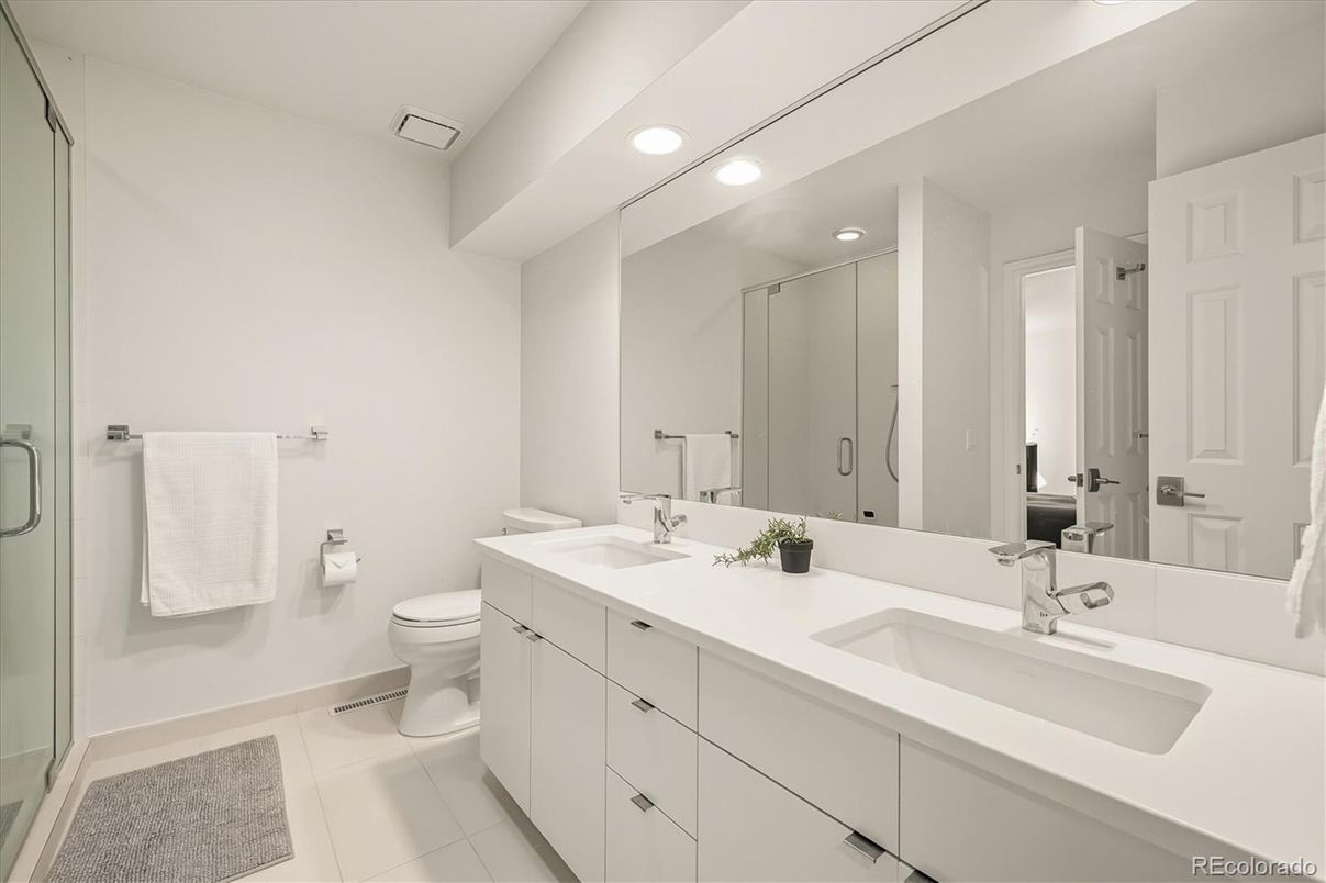 Bathroom, Dual Sink Vanities, Glass Shower, Interior, Recessed Lighting