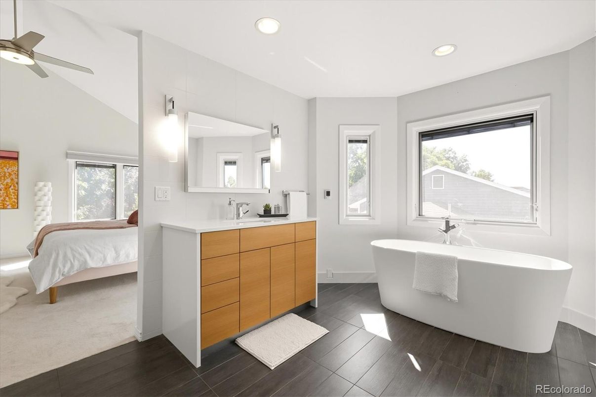 Bathroom, Bedroom, Dual Sink Vanities, Free Standing Baths, Interior, Recessed Lighting, Wood Texture Flooring