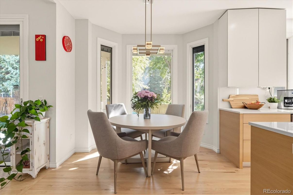 Dining room, Interior, Pendant Lights, Wood Texture Flooring