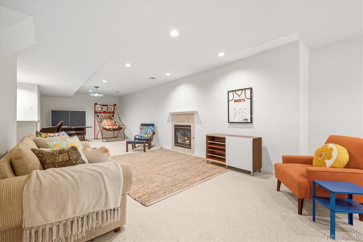 Dining room, Fireplace, Interior, Living room, Recessed Lighting