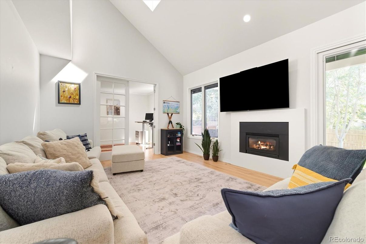 Fireplace, Interior, Living room, Recessed Lighting, Wood Texture Flooring