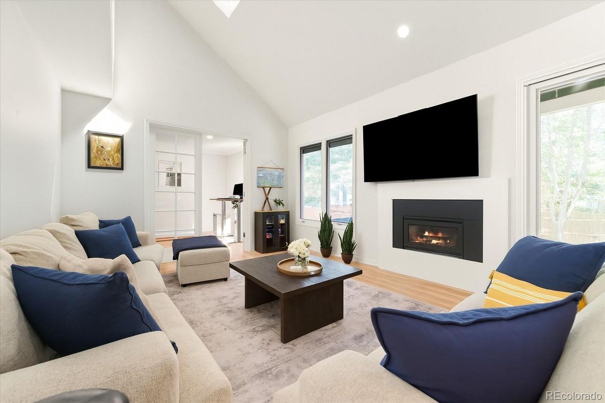 Fireplace, Interior, Living room, Recessed Lighting, Wood Texture Flooring