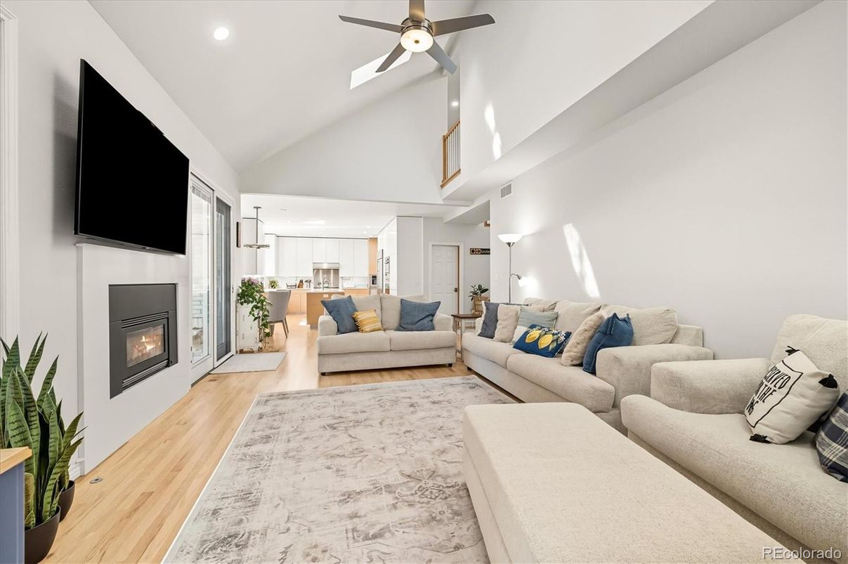 Fireplace, Interior, Kitchen, Living room, Recessed Lighting, Wood Texture Flooring