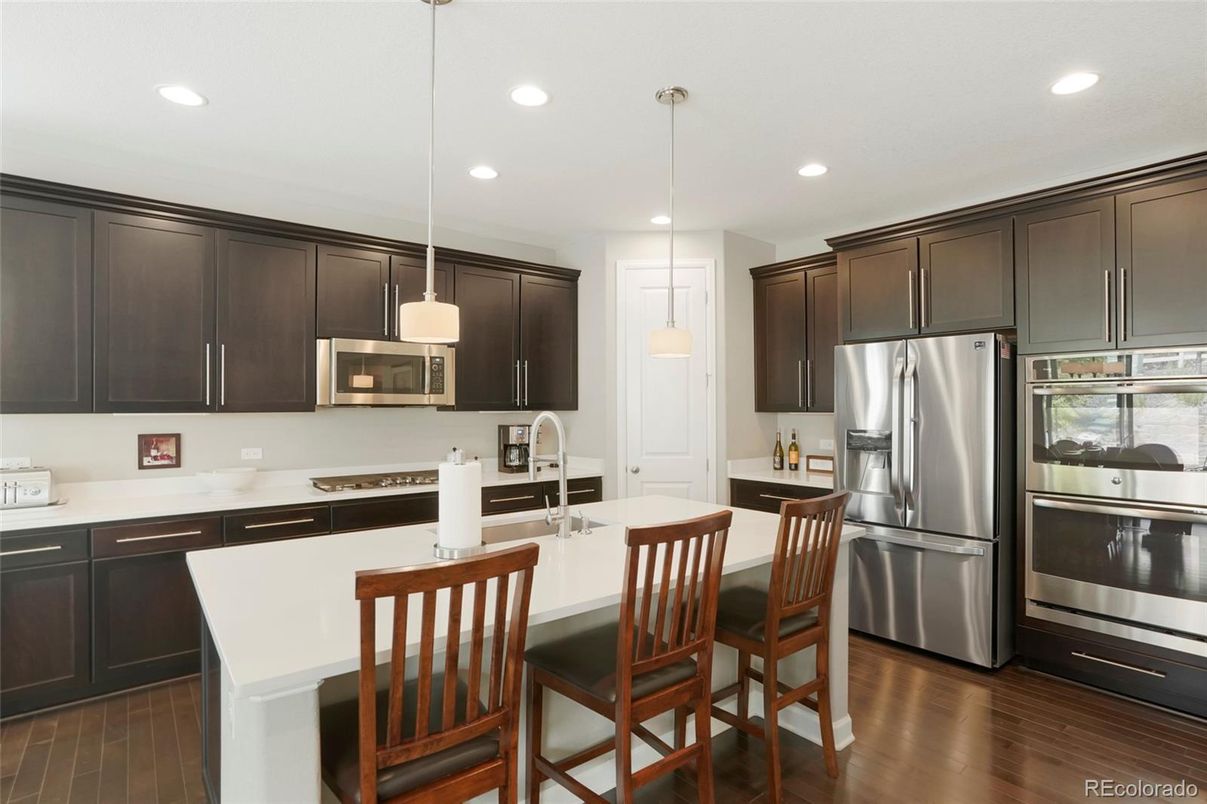 Interior, Kitchen, Pendant Lights, Recessed Lighting, Stainless Steel Appliances, Wood Texture Flooring