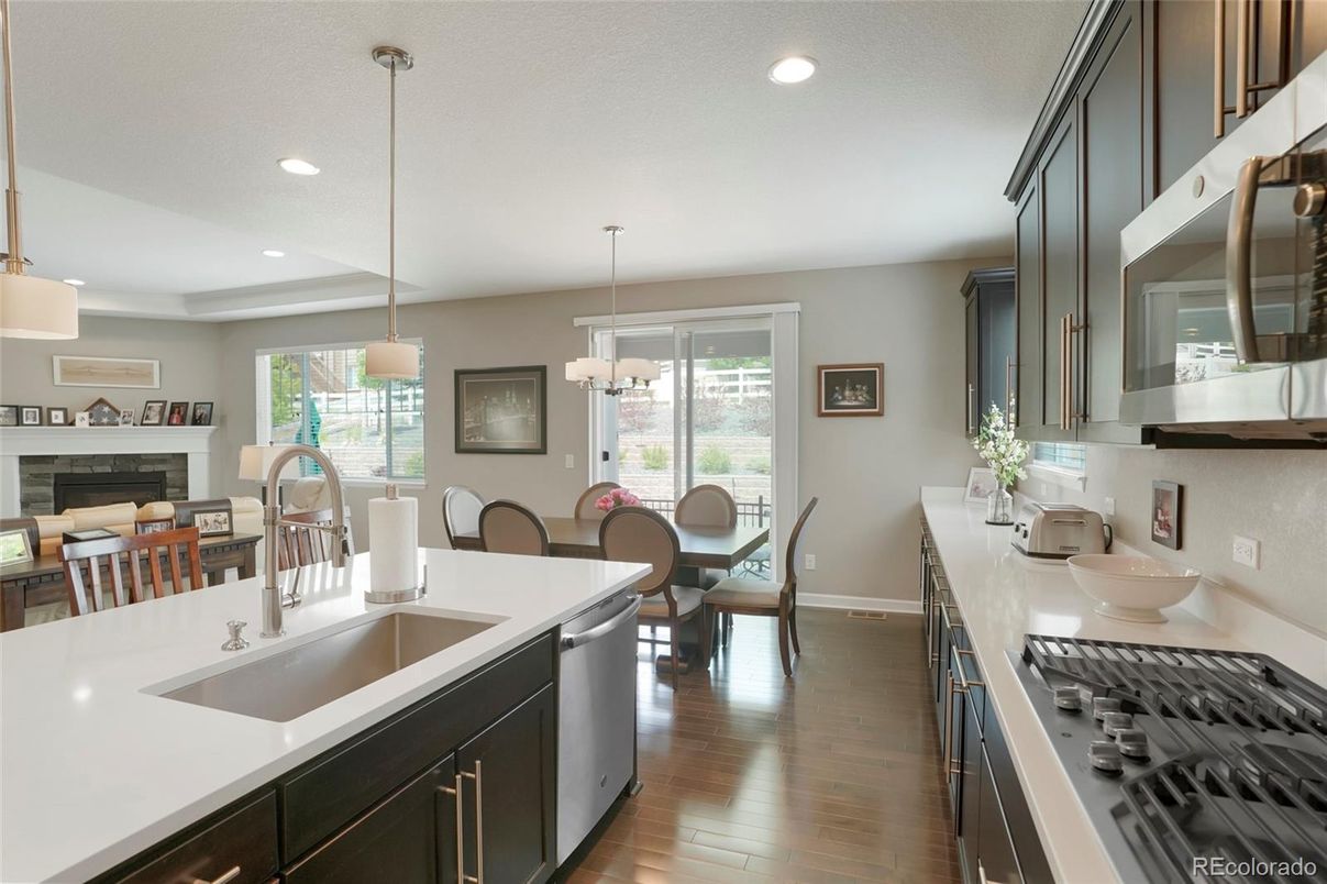 Dining room, Fireplace, Interior, Kitchen, Pendant Lights, Recessed Lighting, Stainless Steel Appliances, Wood Texture Flooring