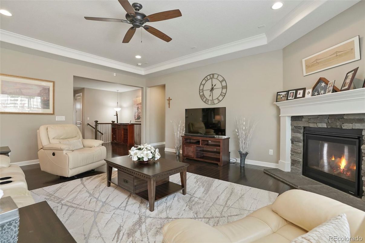 Fireplace, Interior, Living room, Recessed Lighting, Wood Texture Flooring