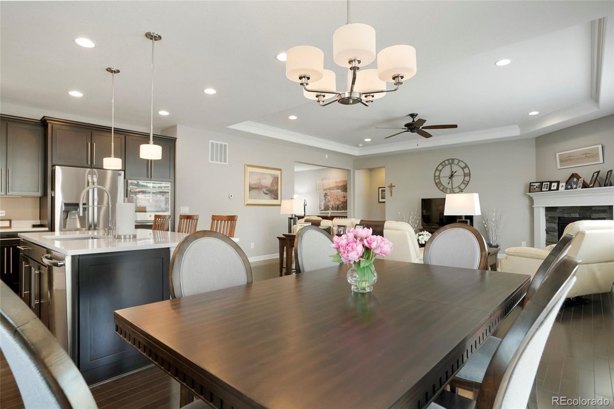 Chandelier, Dining room, Fireplace, Interior, Kitchen, Living room, Pendant Lights, Recessed Lighting, Stainless Steel Appliances, Wood Texture Flooring
