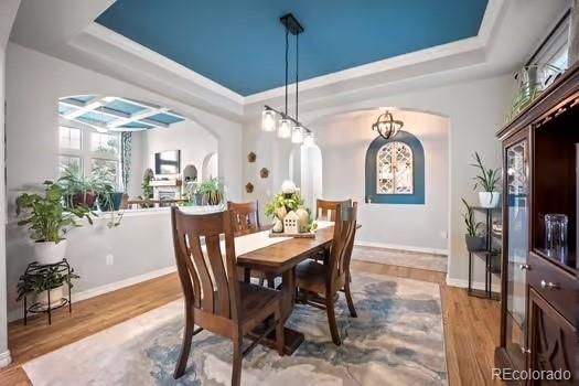 Dining room, Interior, Pendant Lights, Wood Texture Flooring