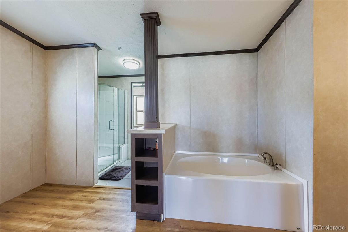 Bathroom, Glass Shower, Interior, Wood Texture Flooring