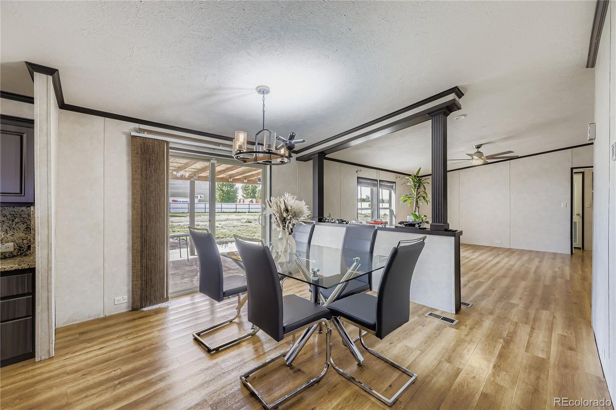 Dining room, Interior, Pendant Lights, Wood Texture Flooring