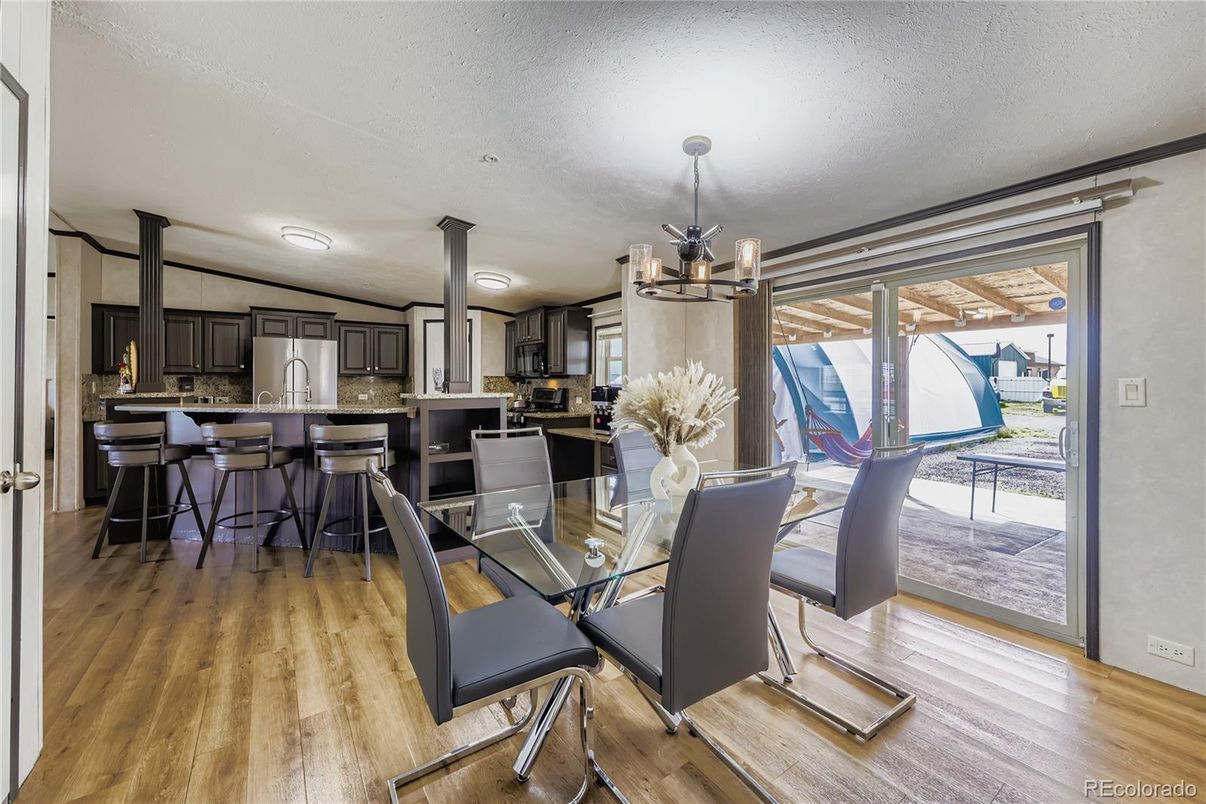 Dining room, Interior, Kitchen, Pendant Lights, Wood Texture Flooring