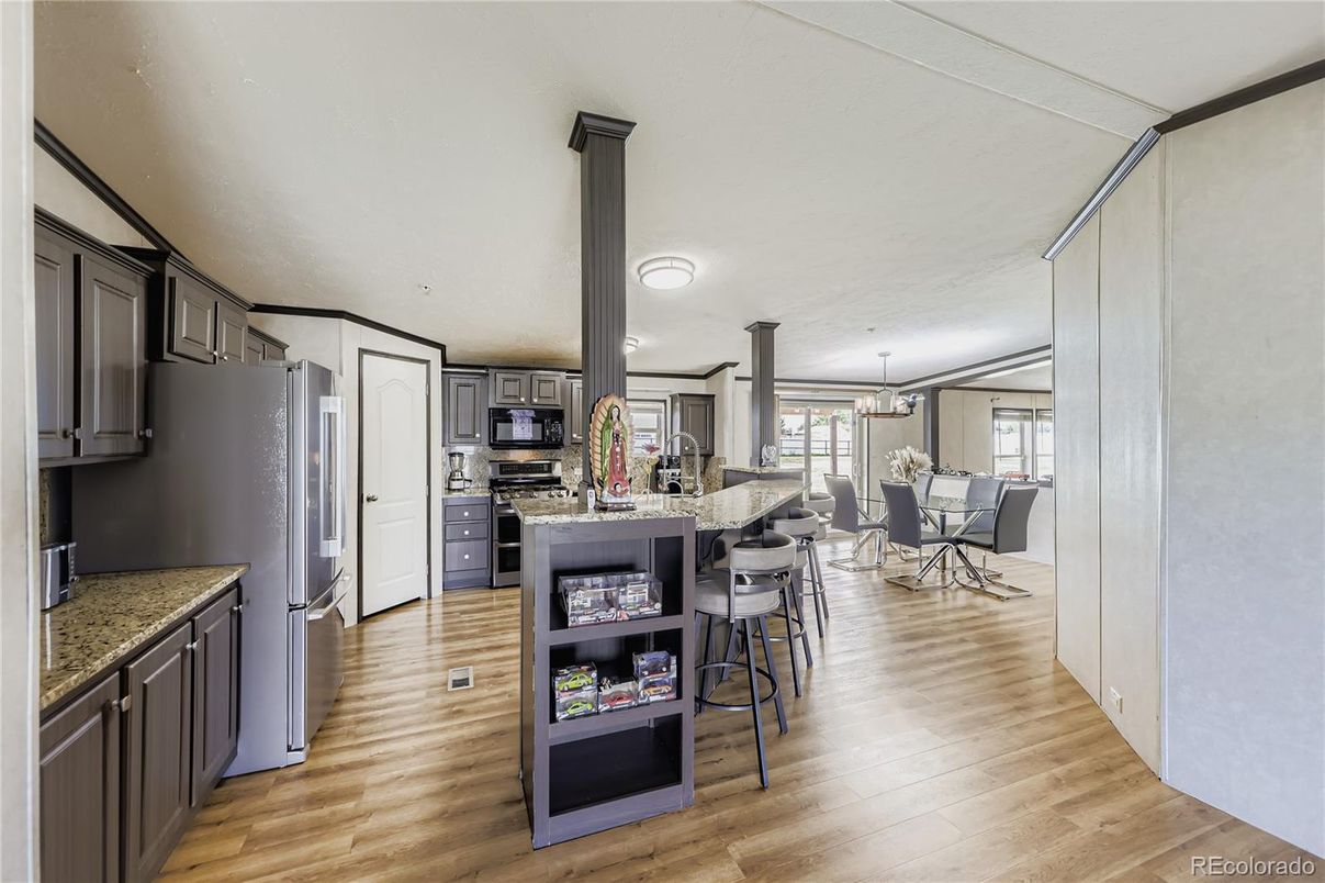 Dining room, Interior, Kitchen, Pendant Lights, Wood Texture Flooring