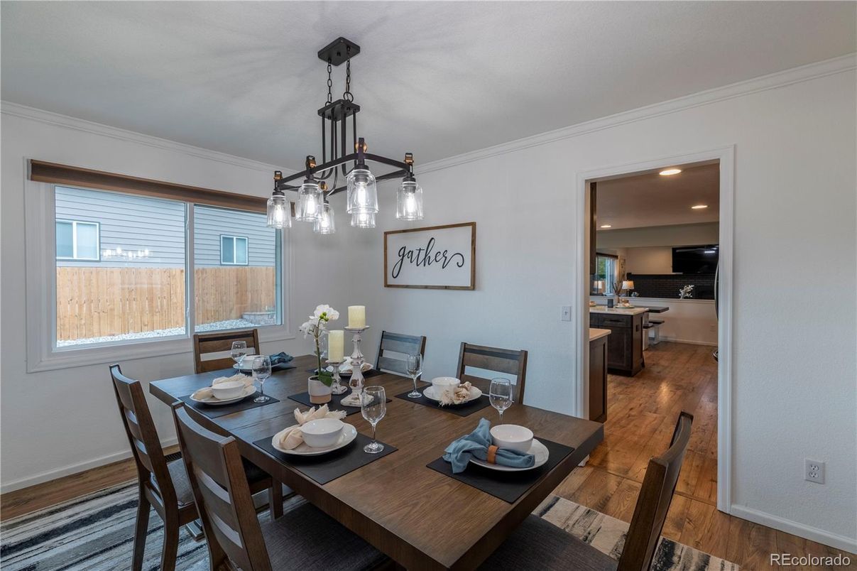 Dining room, Interior, Pendant Lights, Recessed Lighting, Wood Texture Flooring