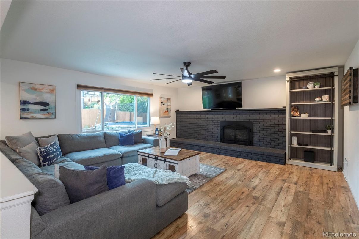 Fireplace, Interior, Living room, Recessed Lighting, Wood Texture Flooring