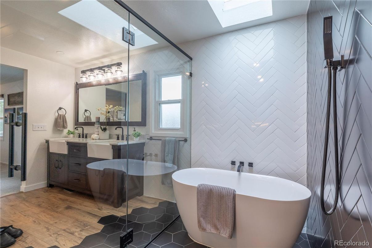 Bathroom, Dual Sink Vanities, Free Standing Baths, Glass Shower, Interior, Wood Texture Flooring