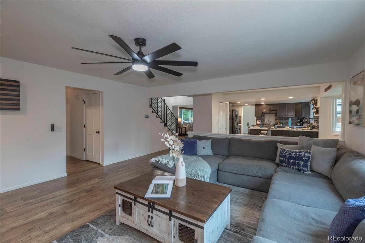 Interior, Kitchen, Living room, Recessed Lighting, Wood Texture Flooring