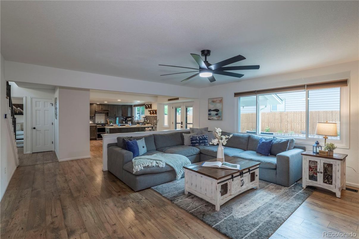 Interior, Kitchen, Living room, Recessed Lighting, Stainless Steel Appliances, Wood Texture Flooring