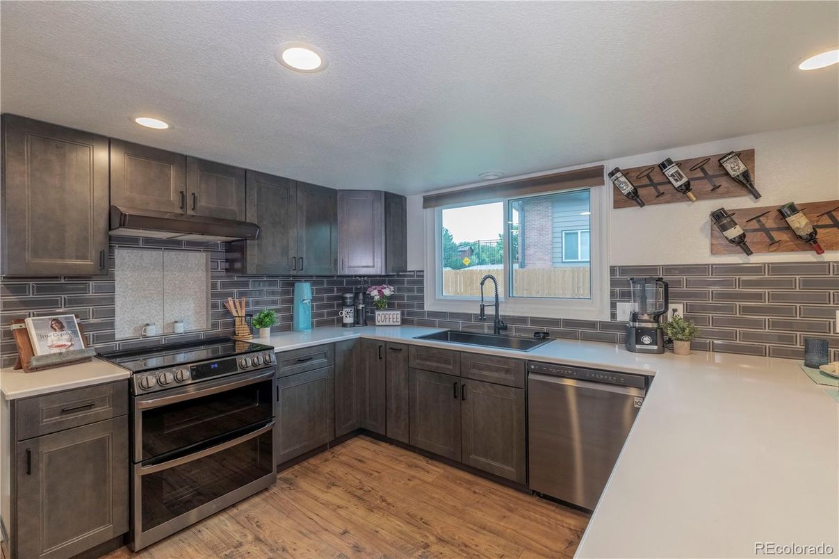 Interior, Kitchen, Recessed Lighting, Stainless Steel Appliances, Wood Texture Flooring
