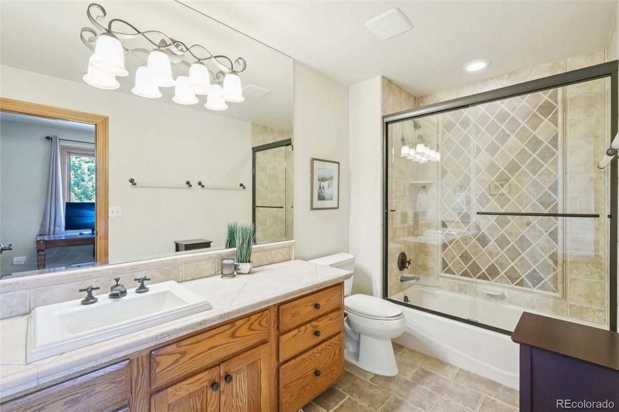 Bathroom, Glass Shower, Interior, Recessed Lighting, Tile Countertops