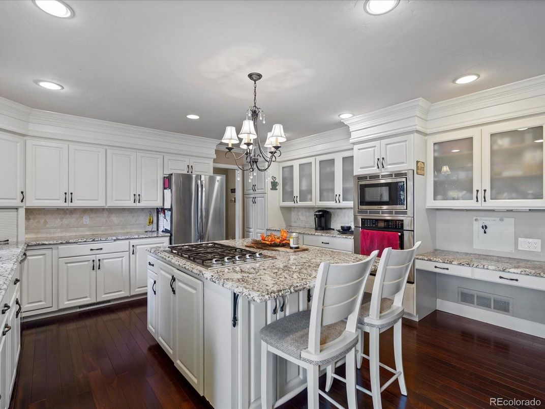 Chandelier, Interior, Kitchen, Recessed Lighting, Stainless Steel Appliances, Wood Texture Flooring