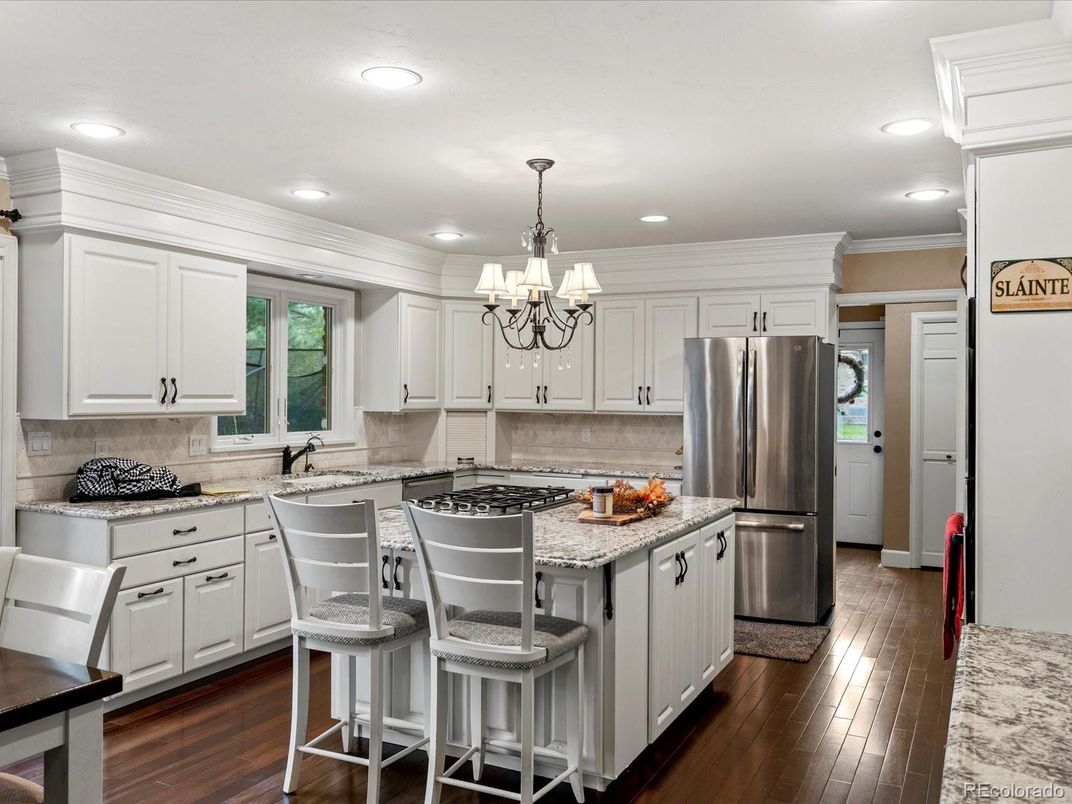Chandelier, Interior, Kitchen, Recessed Lighting, Stainless Steel Appliances, Wood Texture Flooring